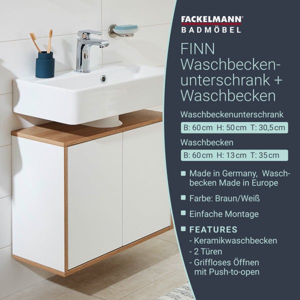 FACKELMANN FINN Badmöbel Set 2 Teile / Waschbecken / Waschbeckenunterschrank mit 2 Türen / Badschrank mit Push-to-Open / Korpus & Front: Weiß / Rahmendekor & Füße: Braun hell / Breite: 60 cm