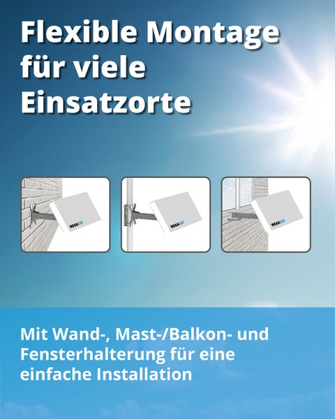Megasat Flachantenne mit verschiedenen Halterungen für Wand-, Mast-, Balkon- und Fenstermontage