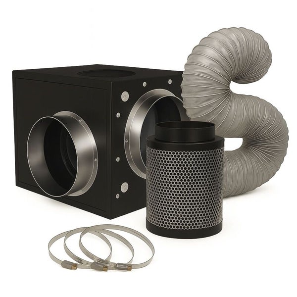 Lüftungsset mit Rohrventilator in Schallschutzbox, Aktivkohlefilter, flexiblem Aluminiumrohr und drei Schlauchschellen.
