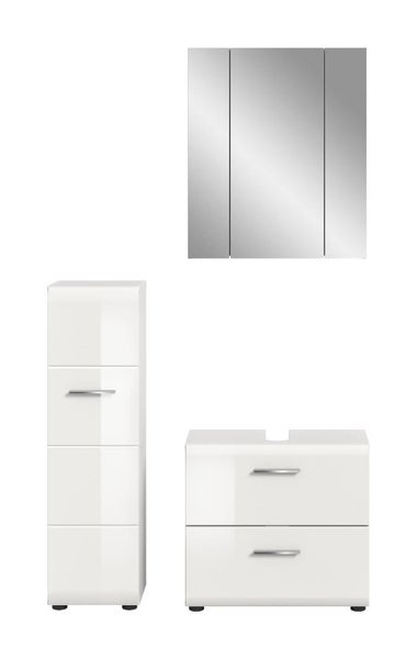Dreiteiliges weißes Badezimmermöbel-Set mit Spiegelschrank, Hochschrank und Waschbeckenunterschrank.