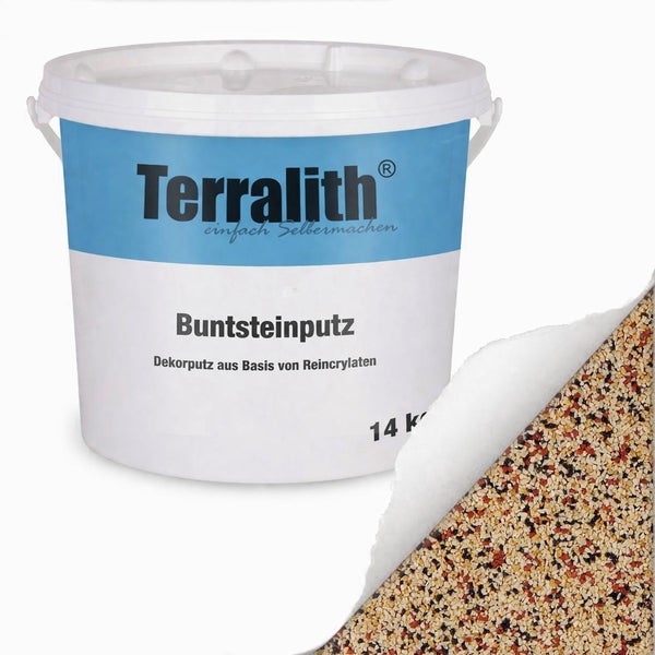 Terralith Buntsteinputz 14 Kilogramm Eimer mit Beispiel für die körnige Struktur des Dekorputzes.