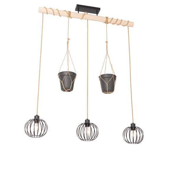 Hängelampe mit Holzbalken, drei Lampen mit Käfig und zwei Hängetöpfen an Seilen