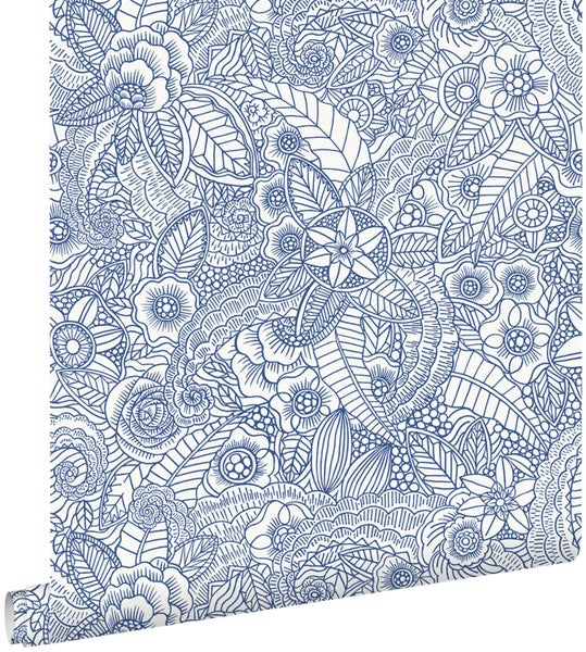 ESTAhome Tapete Blumenzeichnungen Blau - 53 cm x 10.05 m - 148615