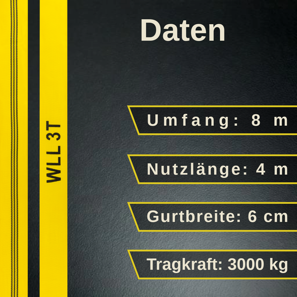 Technische Daten der Rundschlinge: Umfang 8 Meter, Nutzlänge 4 Meter, Gurtbreite 6 Zentimeter, Tragkraft 3000 Kilogramm.