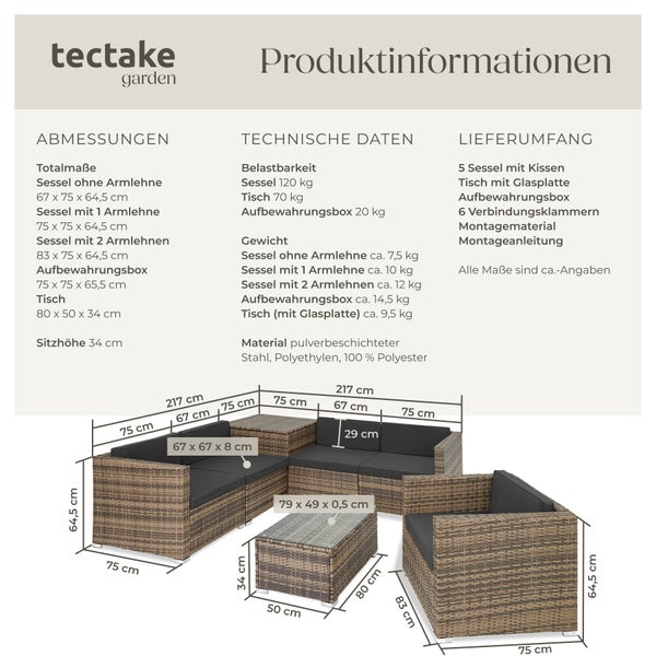 Rattan Lounge tectake Pisa inklusive großer Aufbewahrungsbox für 5 Personen natur