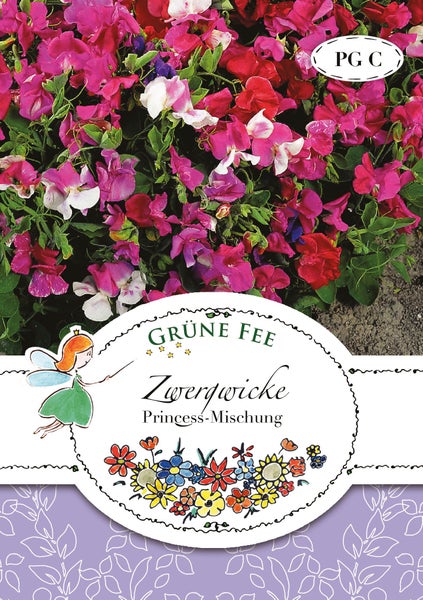 Samentüte Grüne Fee Zwergwicke Princess-Mischung mit blühenden Zwergwicken und Grüne Fee Logo.