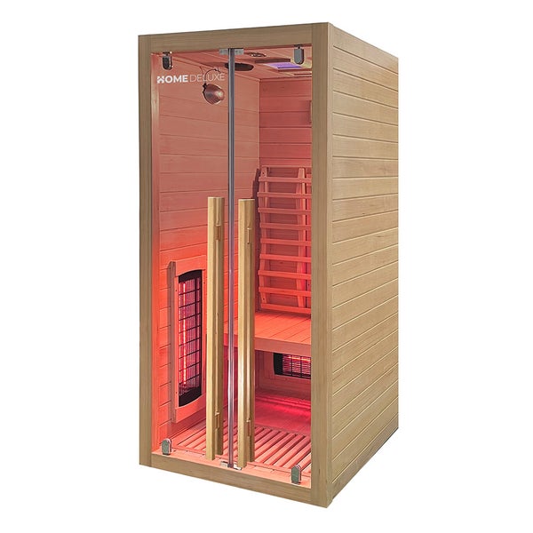 Home Deluxe – Infrarotkabine SONORA S – 90 x 90 x 190 cm - für 2 Personen, 4 Vollspektrumstrahler, Holz: Hemlocktanne I Infrarotsauna, Sauna, Wärmekabine, Infrarot