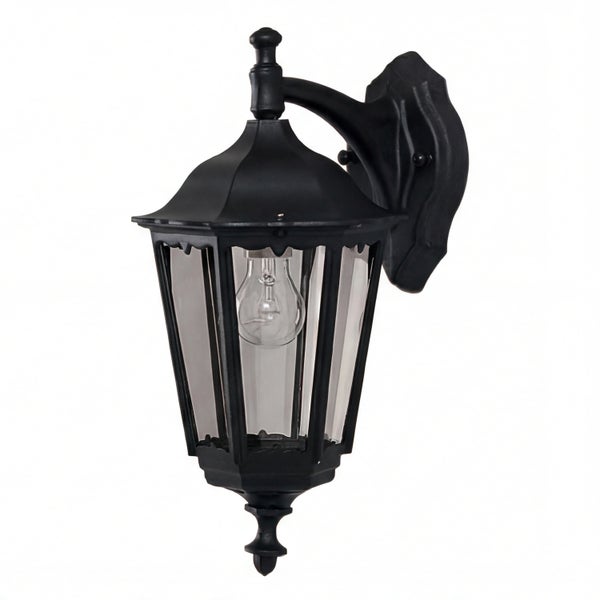 Schwarze Wandleuchte für den Außenbereich mit klaren Glasscheiben und einer Glühbirne.
