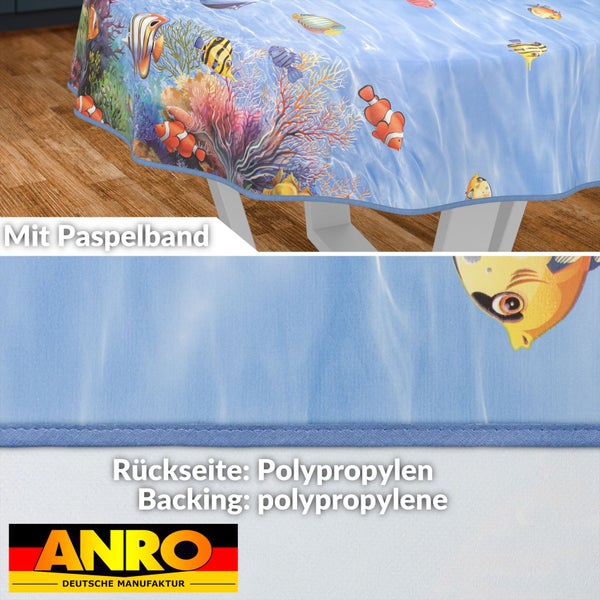 Tischdecke mit Fischmotiv und Paspelband, Rückseite Polypropylen, Anro Logo