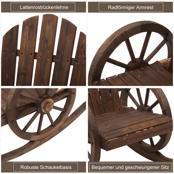 Outsunny Schaukelstuhl, Rustikaler Relaxstuhl, Gartenstuhl mit Rollen-Design, Schwingsessel, Massivholz, Dunkelbraun, 68 x 88 x 92 cm