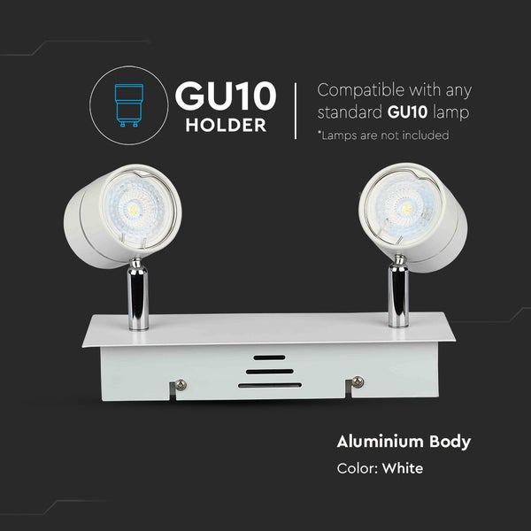 GU10-Halter mit zwei Strahlern für GU10-Leuchtmittel, Aluminiumgehäuse.