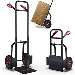 Höhenverstellbare Sackkarre aus Stahl mit Luftreifen, Tragkraft bis 200 Kilogramm, klappbarer Schaufel und ergonomischen Griffen.