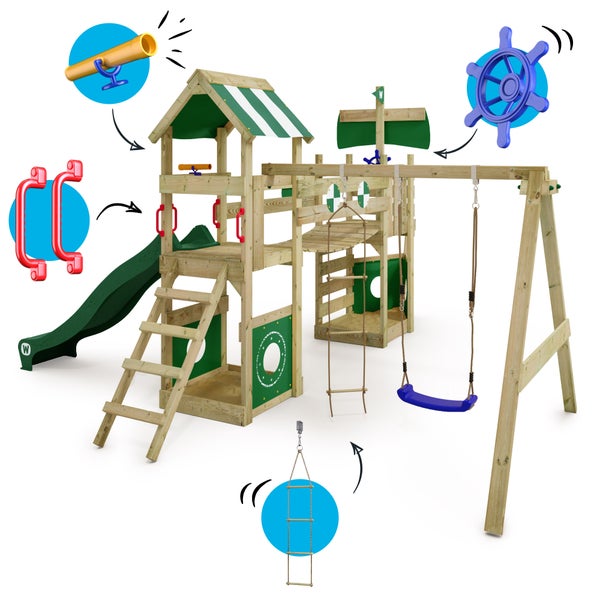 WICKEY Spielturm Klettergerüst StormFlyer mit Schaukel und Rutsche, Baumhaus mit Sandkasten, Kletterleiter und Spiel-Zubehör - grün