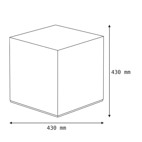 Strichzeichnung eines quadratischen Objekts mit den Maßen 430 Millimeter mal 430 Millimeter.