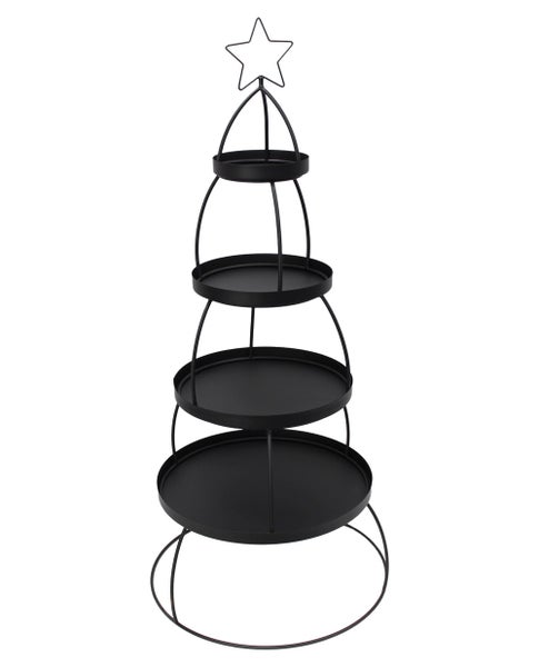 Weihnachtsbaum Etagere aus Metall mit vier runden Ablageflächen und Sternspitze zur Dekoration.