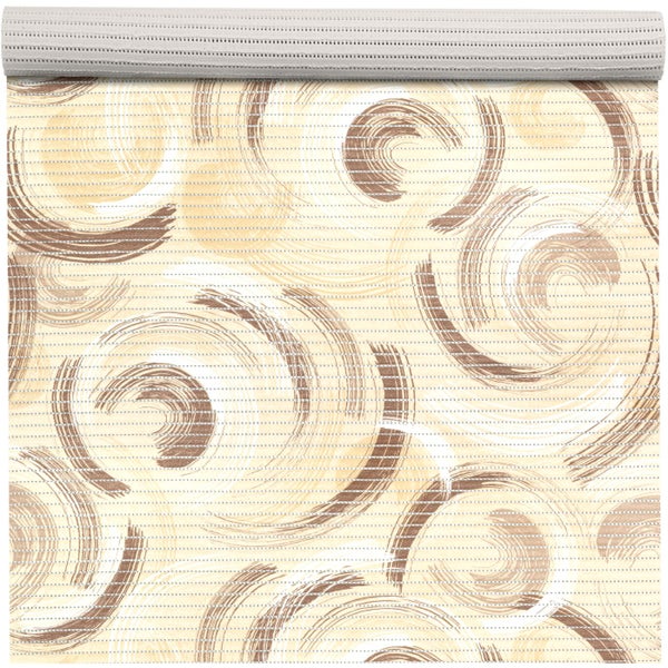Plissee mit abstraktem Kreismuster in Pinselstrich-Optik in Beige und Braun.