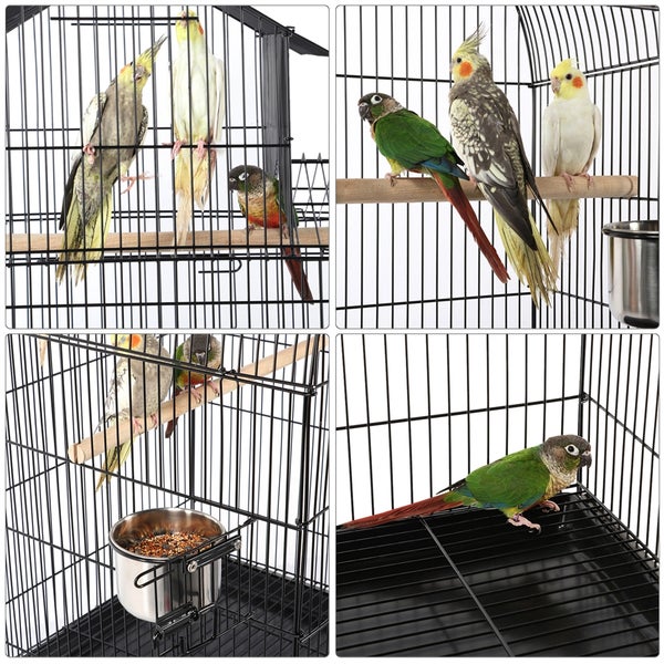 Mehrteiliges Bild eines Vogelkäfigs mit verschiedenen Vögeln, darunter Sittiche und Conures, ausgestattet mit Sitzstangen und Futternapf.