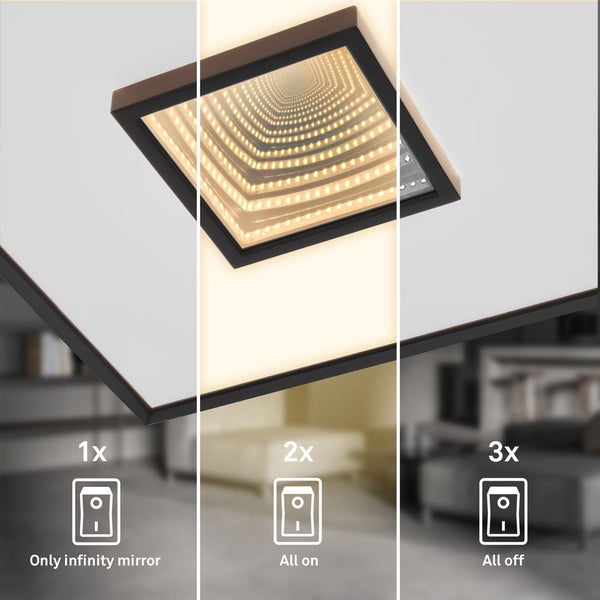 Briloner Toro LED Deckenlampe, Tunneleffekt, 3 Stufen Schaltung, Indirektes Licht, Speicherfunktion, Schwarz, 42 x 42 x 4 cm