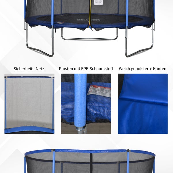 HOMCOM Trampolin mit Sicherheitsnetz Gartentrampolin für Innen- und Außenbereich Fitnesstrampolin für Kinder und Erwachsene Stahl Blau+Schwarz bis 113,6 kg Ø305 x 248H cm