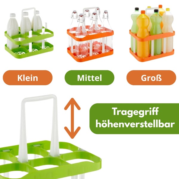 Kunststoff-Flaschenträger für verschiedene Flaschengrößen mit einem höhenverstellbaren Tragegriff.