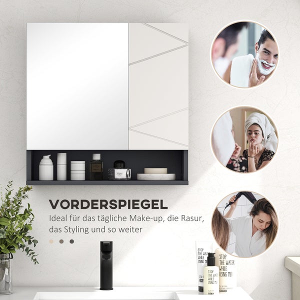 kleankin Spiegelschrank Bad, Badezimmerschrank mit Spiegel, Hängeschrank mit Verstellbar Ablage, Offenes Fach, Anti-Beschlag-Funktion, Wandschrank 55x17x55cm Grau