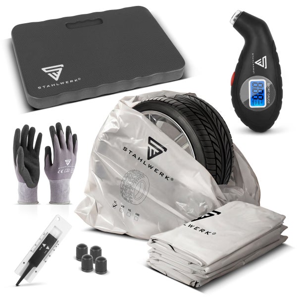 Stahlwerk Reifenwechsel-Set mit Kniekissen, digitalem Reifendruckprüfer, Arbeitshandschuhen, Reifensäcken, Profiltiefenmesser und Ventilkappen.