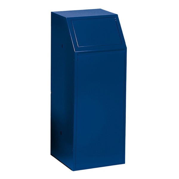 Blaues Stehpult aus Metall mit schräger Klappe oben und einer Fronttür.