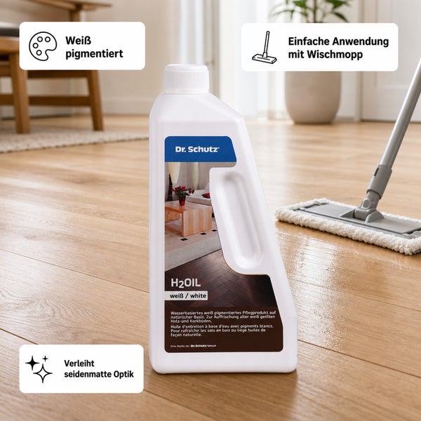Dr. Schutz H2OIL weiß pigmentiertes Pflegeprodukt für geölte Holz und Korkböden mit Wischmopp Anwendung für seidenmatte Optik