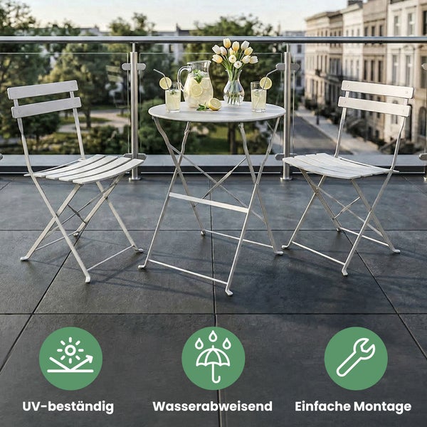 Klappbares Balkonset aus Metall mit einem runden Tisch und zwei Stühlen. Ultraviolett-beständig, wasserabweisend und einfache Montage.