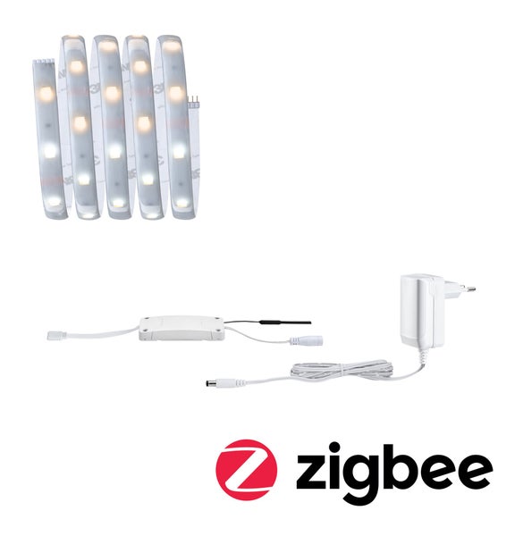 Smart LED-Streifen-Set inklusive LED-Band, Zigbee-Controller, Netzteil und Zigbee Logo.