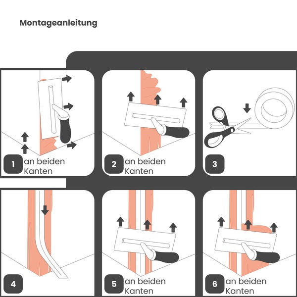Sechsstufige Montageanleitung für das Auftragen von Material an Kanten mit Glättkelle, Schere und Dichtband.
