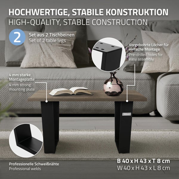 ML-Design 2er Set Tischbeine Trapez 40x43 cm, Schwarz, 8x2 cm, Stahl pulverbeschichtet, geneigt, Industrie, Metall Tischgestell Tischkufen Tischuntergestell Möbelfüße Bankkufen Bankgestell Bankbeine
