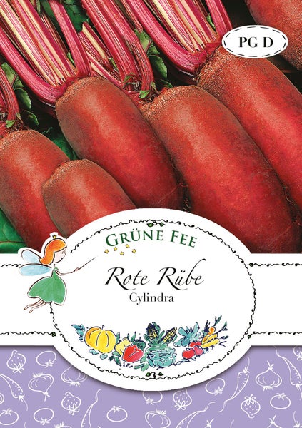 Samentüte für Rote Rübe Cylindra der Marke Grüne Fee mit Abbildung länglicher Rüben.