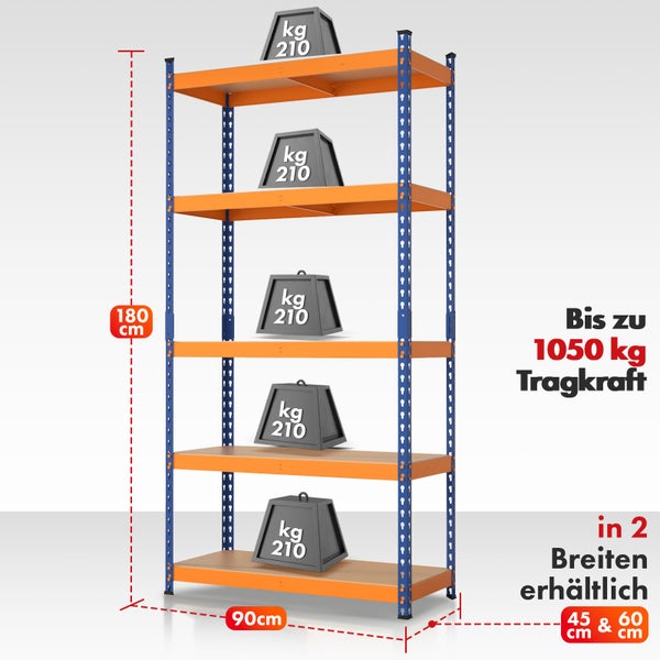 FLOORDIREKT Schwerlastregal Rhino - bis 1050 kg - Pulverbeschichtet - 180 x 90 x 45 cm Blau-Orange