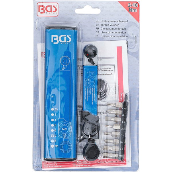 BGS Drehmomentschlüssel Abtrieb Innensechskant 6,3 mm (1/4) 2 - 10 Nm mit Bit-Satz 9tlg. - 74295