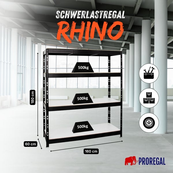 Schwerlastregal Rhino von Proregal mit vier Ebenen. 180 Zentimeter Höhe, 160 Breite, 60 Tiefe. Traglast 500 Kilogramm pro Boden. Proregal Logo.