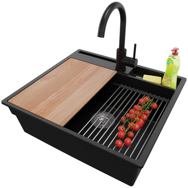 PRIMAGRAN Granitspüle Schwarz Metallic 58x53cm, Spülbecken 1 Becken + Küchenarmatur 32x20cm + Ablauf-Set + Küchenzubehörset, Küchenspüle ab 60er Unterschrank - Oslo Pocket