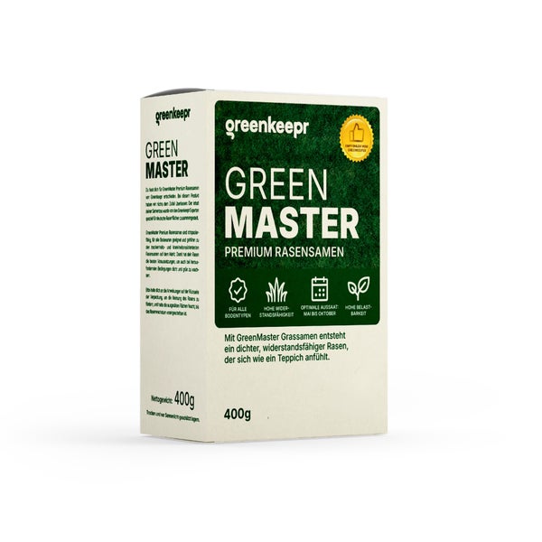 Greenkeeper Green Master Premium Rasensamen 400 Gramm Schachtel fuer einen dichten und widerstandsfaehigen Rasen