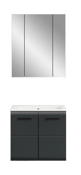 Badmöbelset mit anthrazitfarbenem Unterschrank, schwarzen Griffen, weißem Waschbecken und dreitürigem Spiegelschrank.