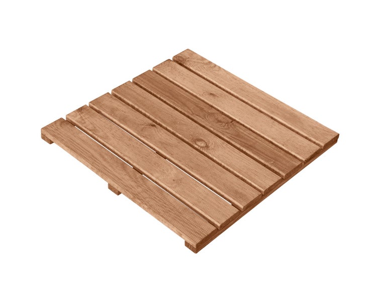 Quadratische Holzfliese mit geriffelter Oberfläche aus Holzlatten.
