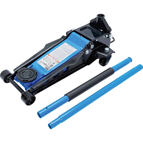 Hydraulischer Rangierwagenheber aus Metall in Blau und Schwarz mit Darstellung verschiedener Hubhöhen