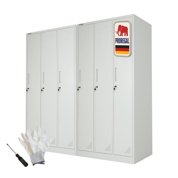 Proregal Metallschrank mit sechs abschließbaren Türen, Arbeitshandschuhen und Schraubendreher. Hergestellt in Deutschland. Proregal Logo.
