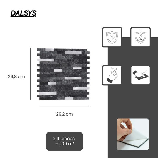 Dalsys Logo. Selbstklebende Mosaik-Wandfliese, Steinoptik, 29,8 mal 29,2 Zentimeter, 11 Stück pro Quadratmeter, ultraviolett- und wasserbeständig.