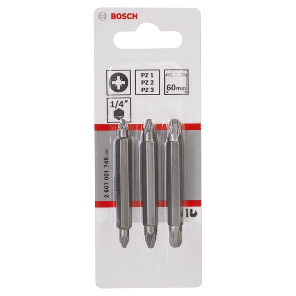 Bosch Logo, Packung mit drei Kreuzschlitzschrauberbits, Größen PZ1, PZ2 und PZ3, Länge 60 Millimeter, 1/4 Zoll Aufnahme