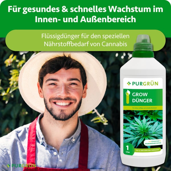 Purgrün Grow Dünger Flüssigdünger für Cannabis in 1 Liter Flasche für gesundes Wachstum im Innen- und Außenbereich. Purgrün Logo.