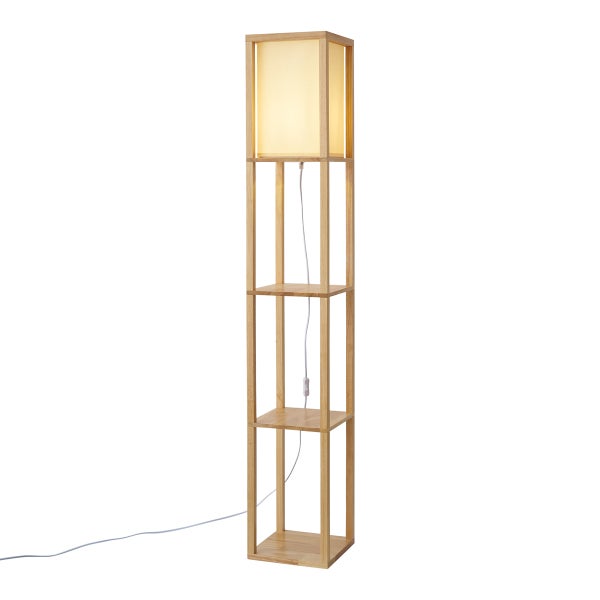 Moderne Stehlampe aus Holz mit integrierten Ablageflächen und einem hellen Textilschirm für ein gemütliches Licht.
