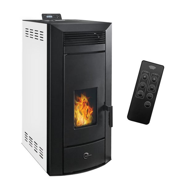 Sannover Pelletofen in Weiß und Schwarz inklusive Fernbedienung, Sichtfenster mit Feuer und digitalem Display.