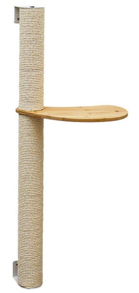 Wandmontierter Kratzstamm mit Sisal umwickelt und einer Liegeplattform aus Holz.