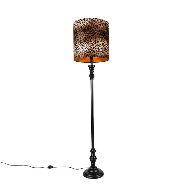 QAZQA - Klassisch I Antik Stehlampe schwarz mit Schatten Leopard 40 cm - Classico I Wohnzimmer I Schlafzimmer - Textil Länglich - LED geeignet E27