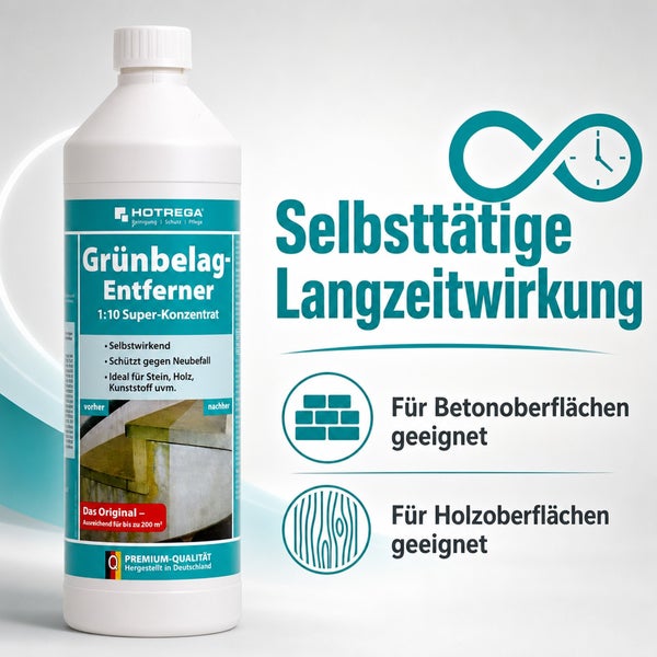Hotrega Grünbelag Entferner Super Konzentrat zur selbsttätigen Reinigung von Stein, Holz und Kunststoffoberflächen mit Langzeitwirkung.